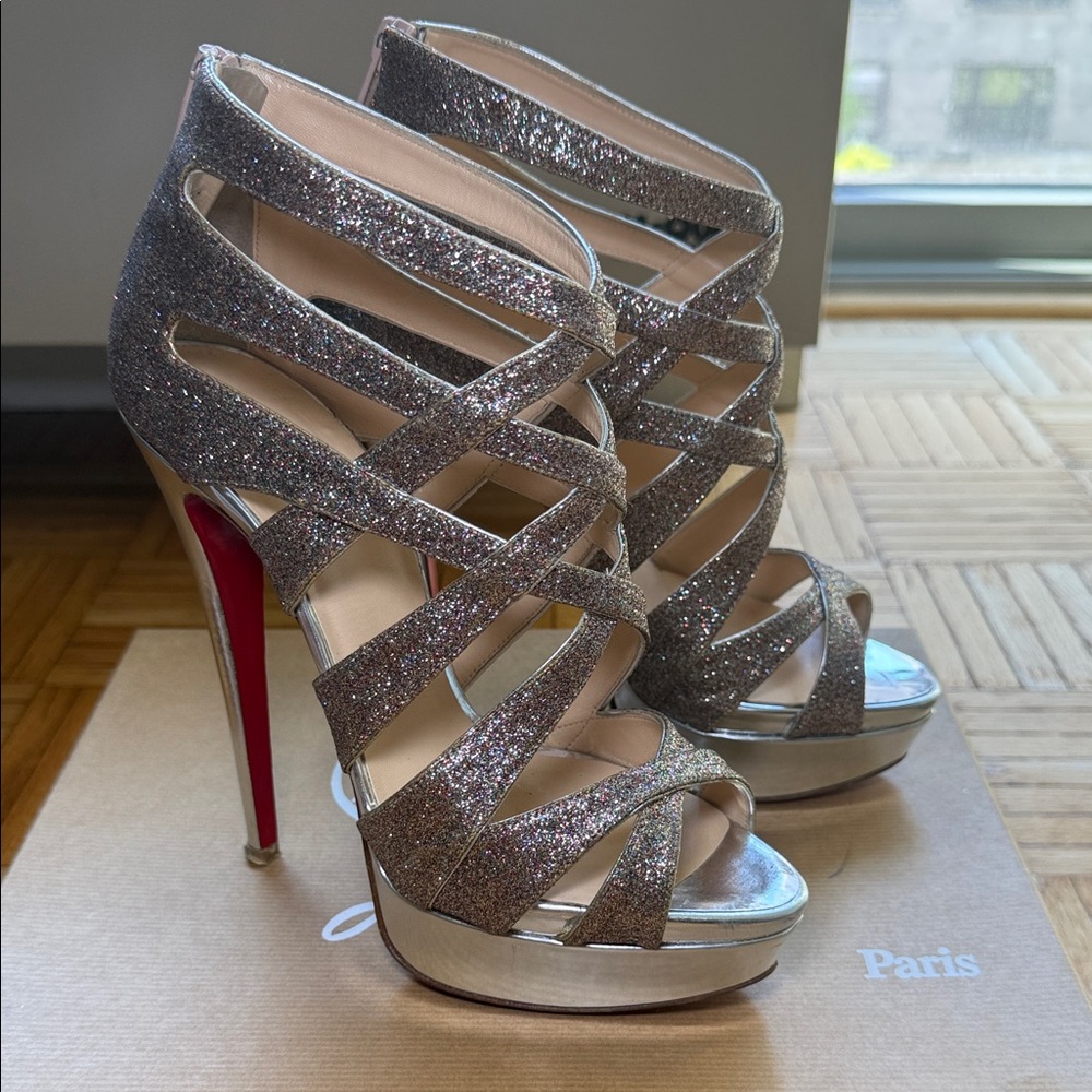 Christian Louboutin Silver Glitter Strappy Platform Sandals